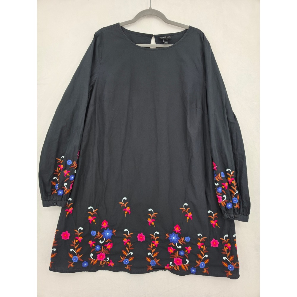 Long Tall Sally Black Floral Embroidered Cotton Mini Shift Dress Womens 14 Artsy